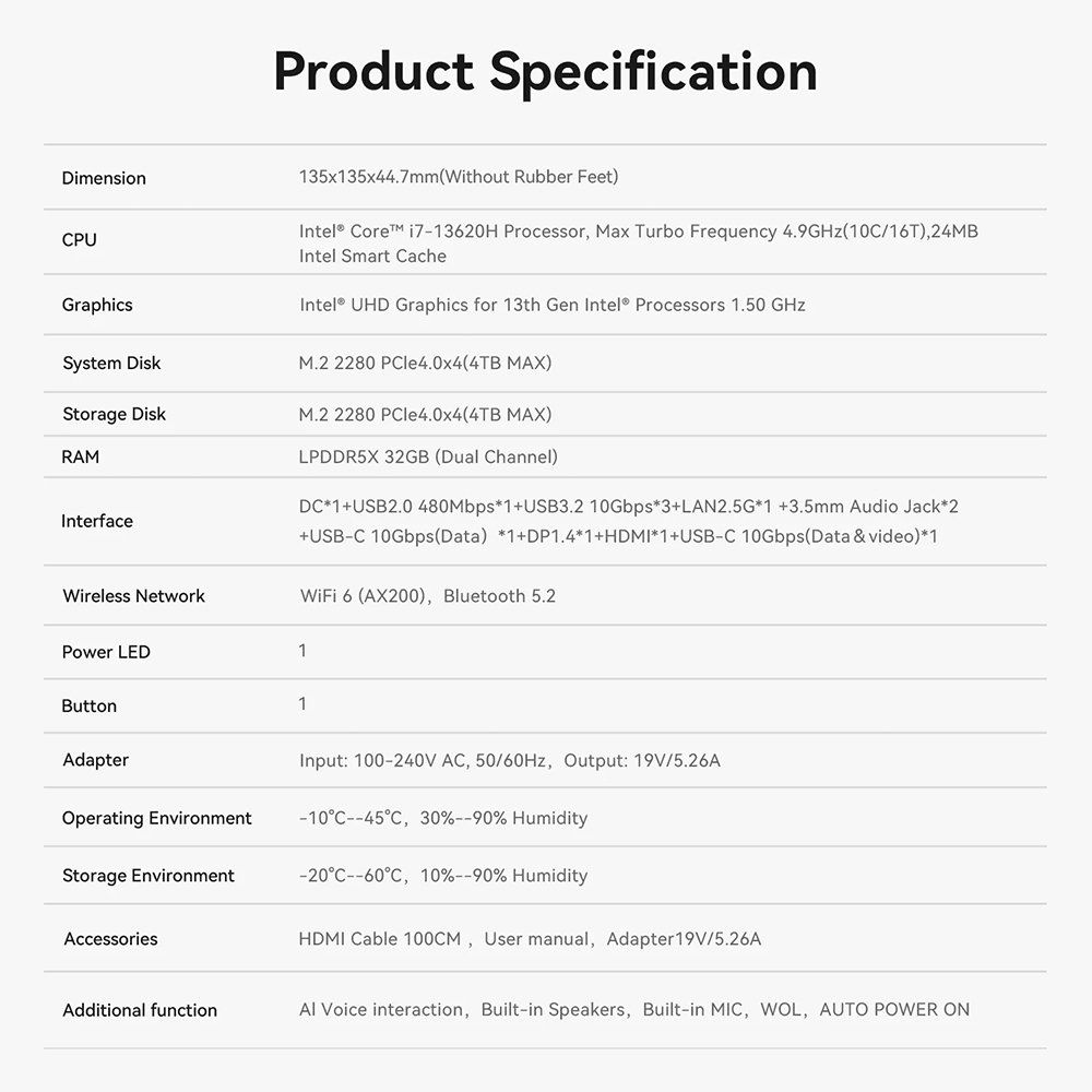 Beelink SEi13 Pro ใหม่ Intel® Core™ i7-13620H ขนาด RAM 32GB ROM 1TB มีไมโครโฟนและลำโพงในตัว