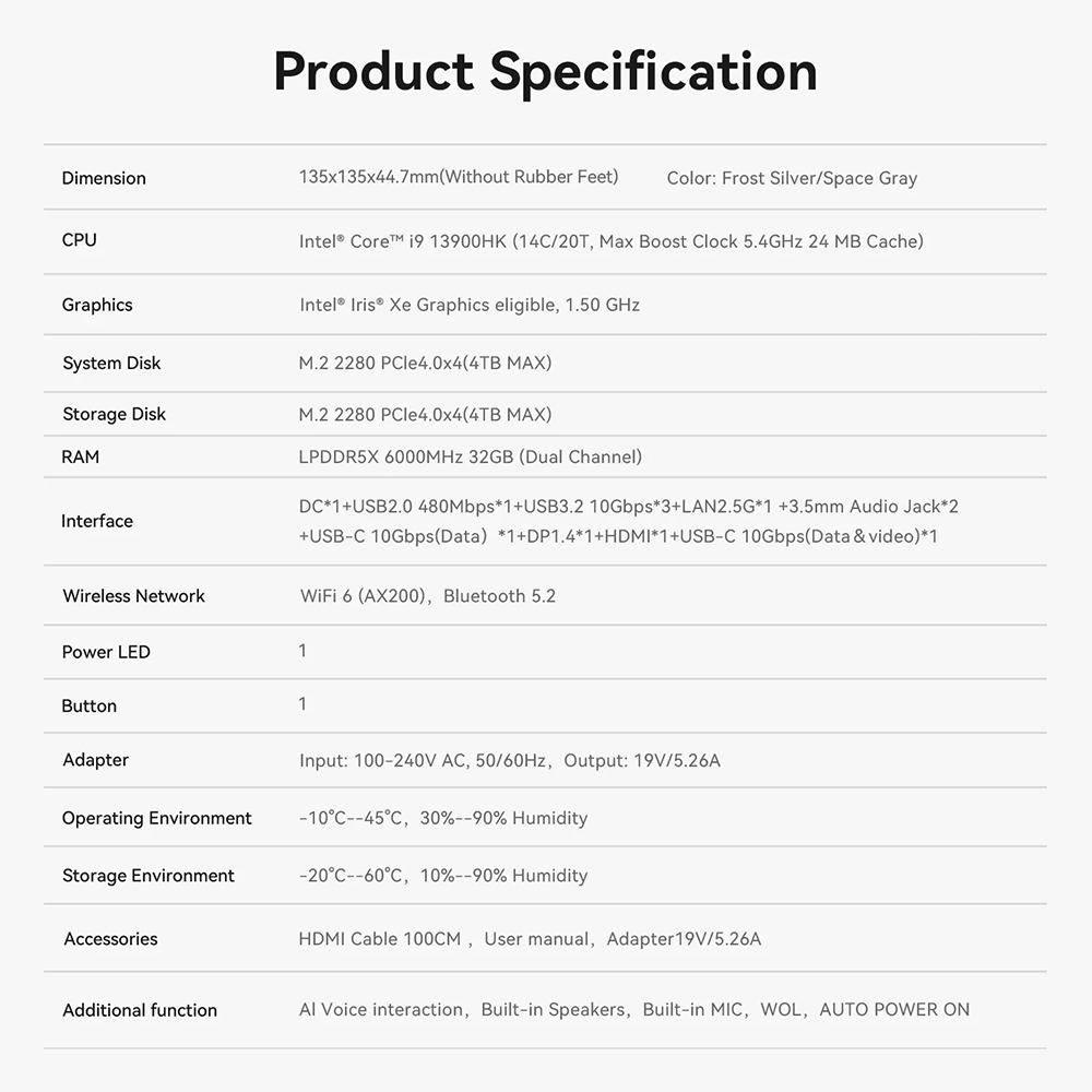 Beelink SEi13 Pro ใหม่ Intel® Core™ i9-13900HK ขนาด RAM 32GB ROM 1TB มีไมโครโฟนและลำโพงในตัว