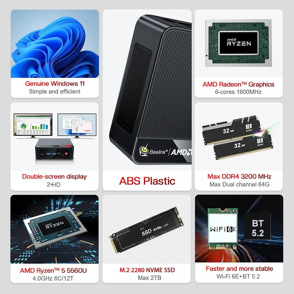 Beelink SER5 5500U / 5560U / SER5 Pro 5800H MINI PC office + Window OS11