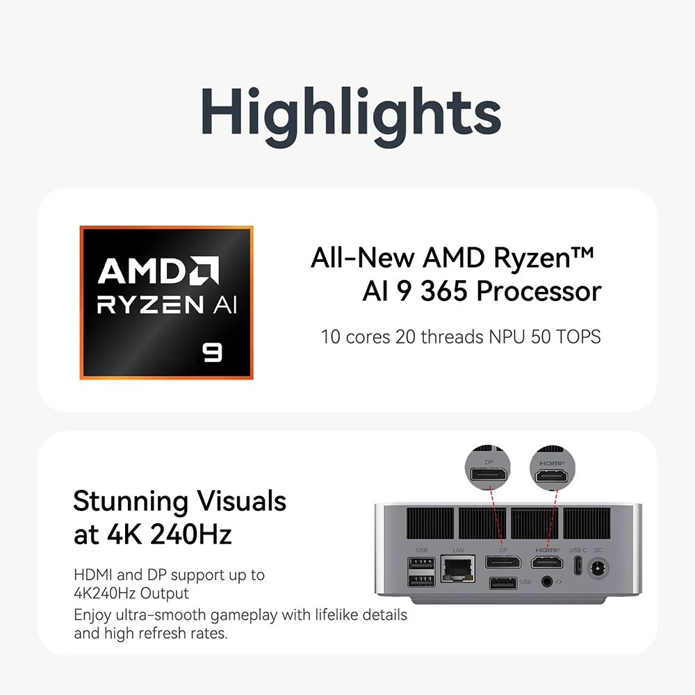 ใหม่ Beelink SER9 Pro AMD Ryzen™ AI 9 365 RAM 32GB (LPDDR5X 8000MHz) / ROM 1TB