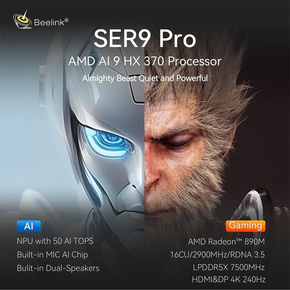 Beelink SER9 Pro ใหม่ล่าสุด AMD Ryzen™ AI 9 HX 370 MINI PC ความจุ RAM 64GB ROM 2TB