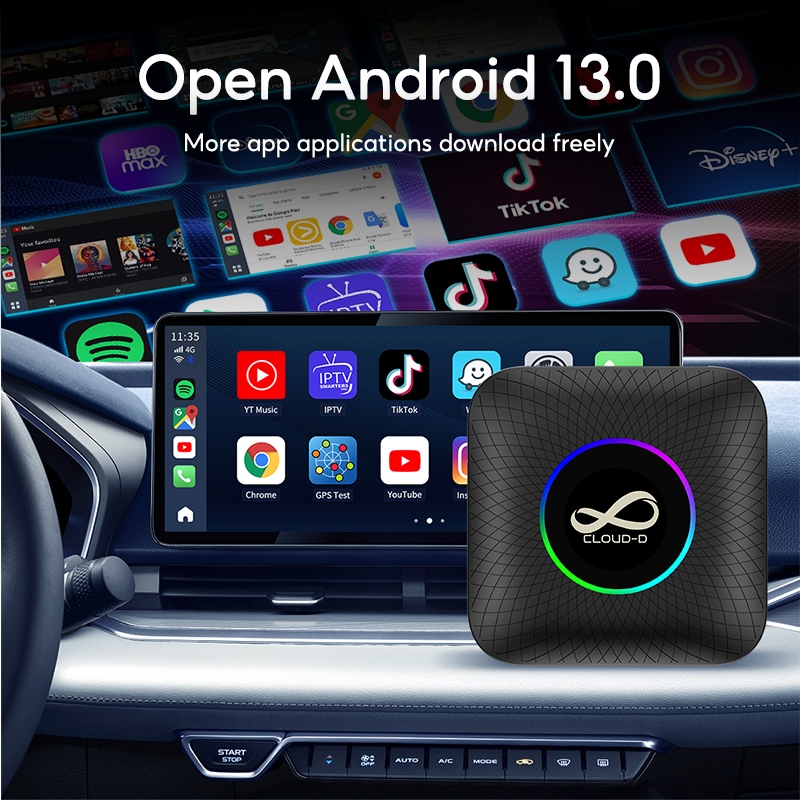 CLOUD-D Ai Box R2 LED กล่องแอนดรอย APPLY Carplay และ Android Auto สำหรับรถยนต์ 4GB/64GB และ 8GB/128GB