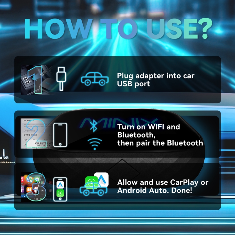Minix CP85 2-in-1 Wired CarPaly/Android Auto รองรับการเชื่อมต่อมือถือแบบไร้สาย