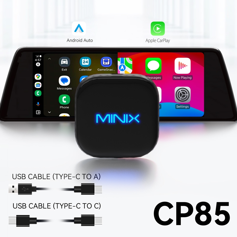Minix CP85 2-in-1 Wired CarPaly/Android Auto รองรับการเชื่อมต่อมือถือแบบไร้สาย