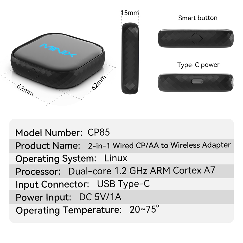 Minix CP85 2-in-1 Wired CarPaly/Android Auto รองรับการเชื่อมต่อมือถือแบบไร้สาย