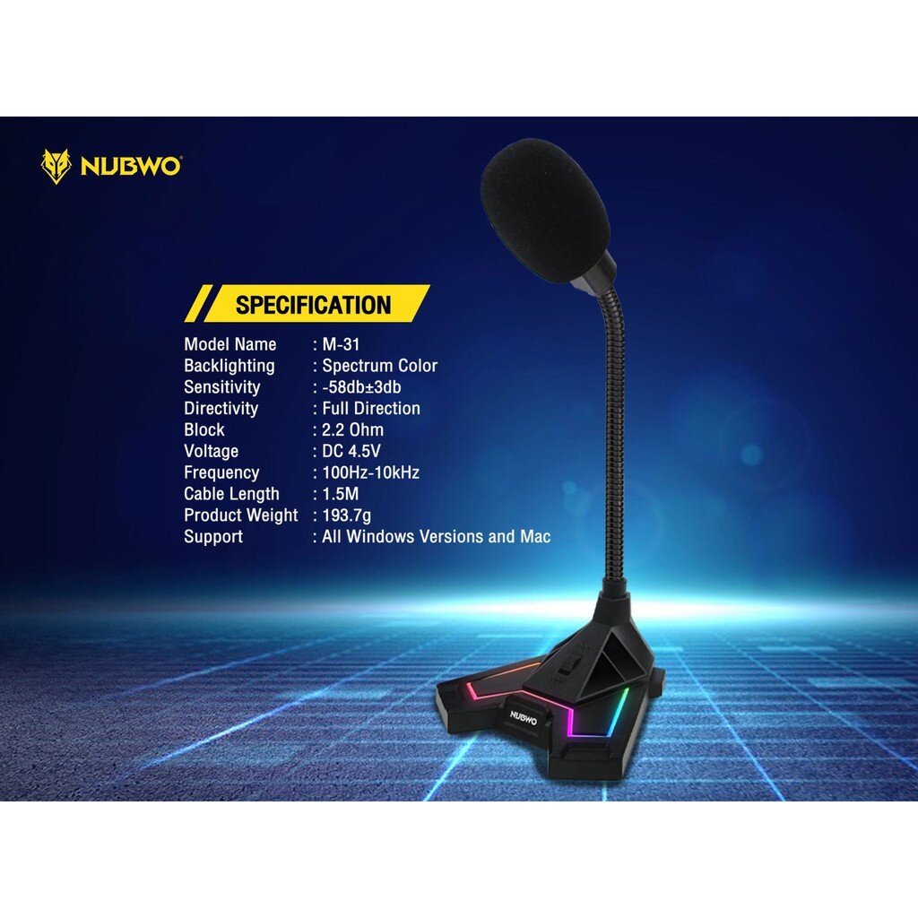 NUBWO M-31 SCYTHER ไมโครโฟนโคตรเทพ เสียงชัดเจน พร้อมจุดที่วางมือถือมาด้วย ไฟเรืองแสงSpectrum LED ที่ฐาน