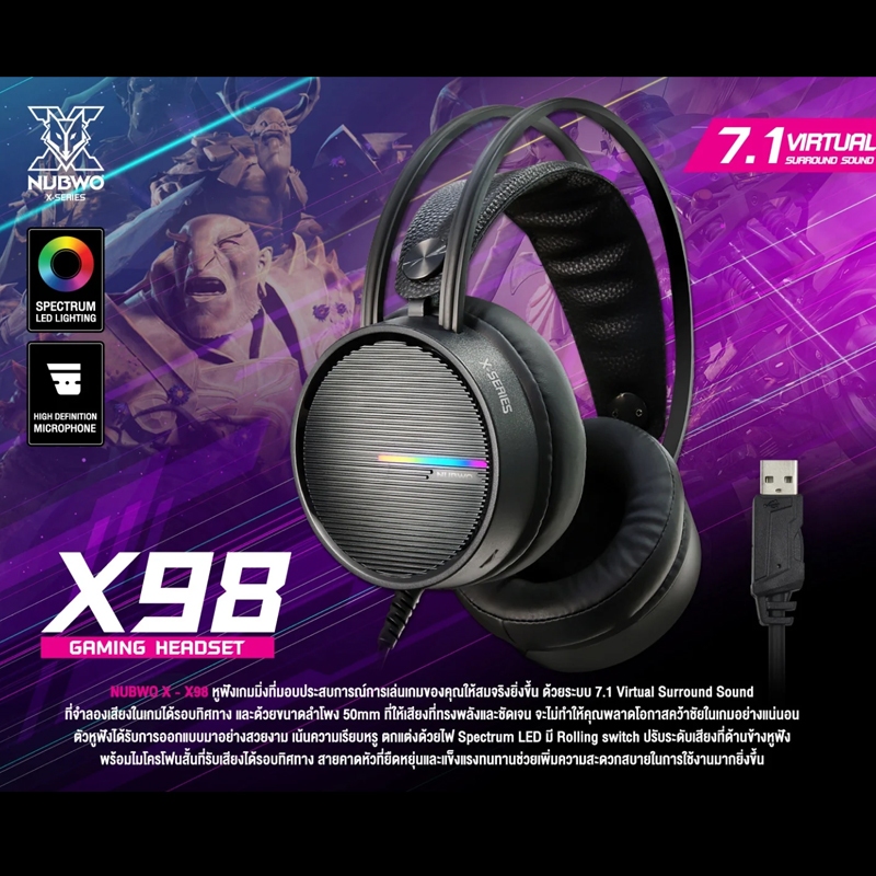 Nubwo X98 หูฟังเกมมิ่งฉแบบมีสายพร้อมไฟ LED เสียงรอบทิศทาง Gaming Headset
