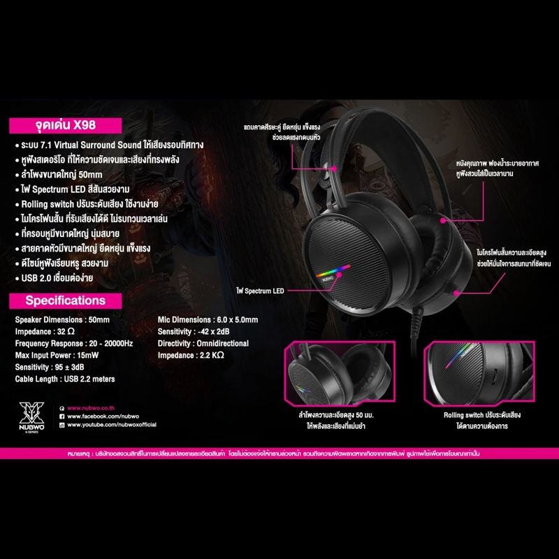 Nubwo X98 หูฟังเกมมิ่งฉแบบมีสายพร้อมไฟ LED เสียงรอบทิศทาง Gaming Headset