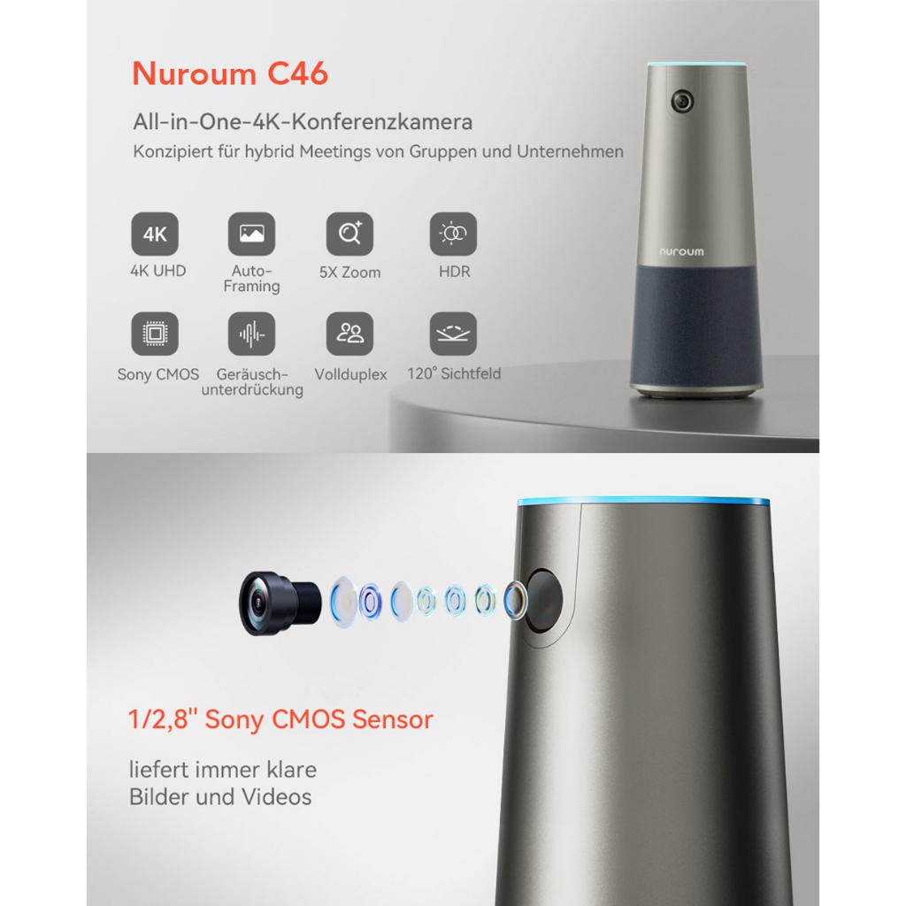 Nuroum C46 All-in-one 4K Meeting Camera กล้องประชุม 4K มุมมอง 120° เซ็นเซอร์ SONY CMOS 8MP มีไมค์ตัดเสียงรบกวน
