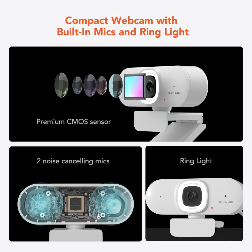 Nuroum V15-AFL 2K Image Webcam+Ring Light For Streaming กล้องเว็บแคม Video 1080p