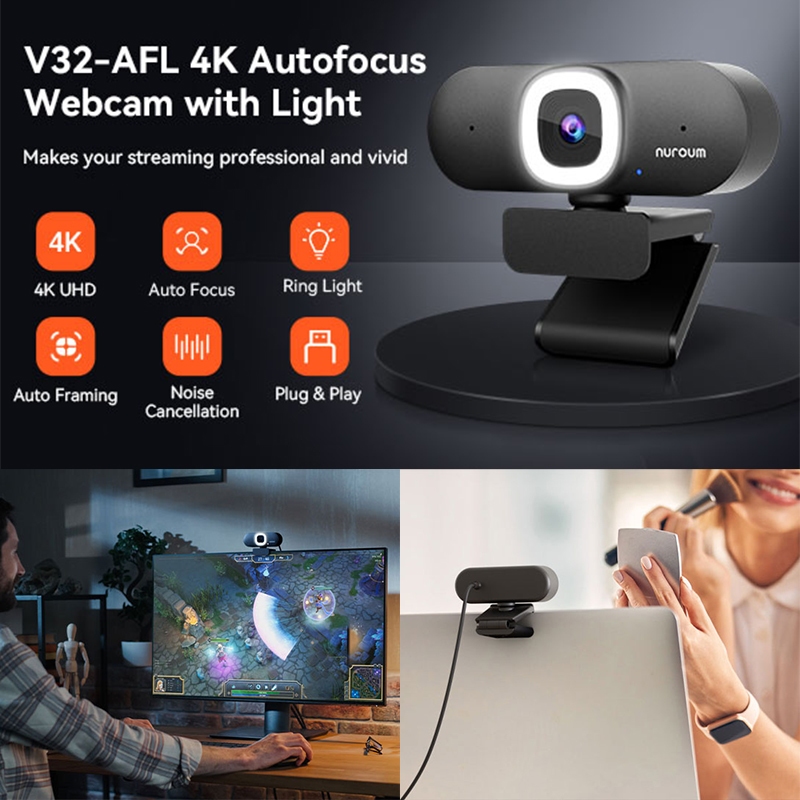 Nuroum V32-AFL 4K Webcam+Ring Light For Streaming ไมโครโฟนตัดเสียงรบกวนแบบคู่ กล้องเว็บแคมพร้อมไฟปรับความสว่าง