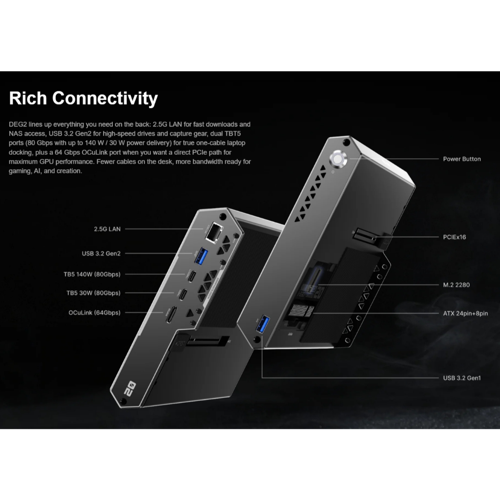 (Official) Minisforum DEG2 eGPU Dock OCuLink and Thunderbolt 5 ports Optimized for AI and Creation Workflows