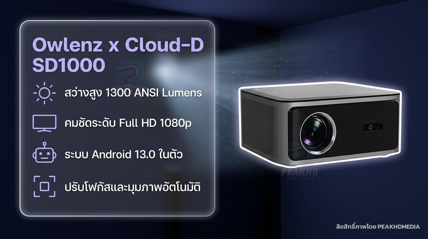 รีวิว Owlenz x Cloud-D SD1000: โปรเจคเตอร์ 1300 ANSI Android 13 — สเปก ออโต้โฟกัส คีย์สโตน
