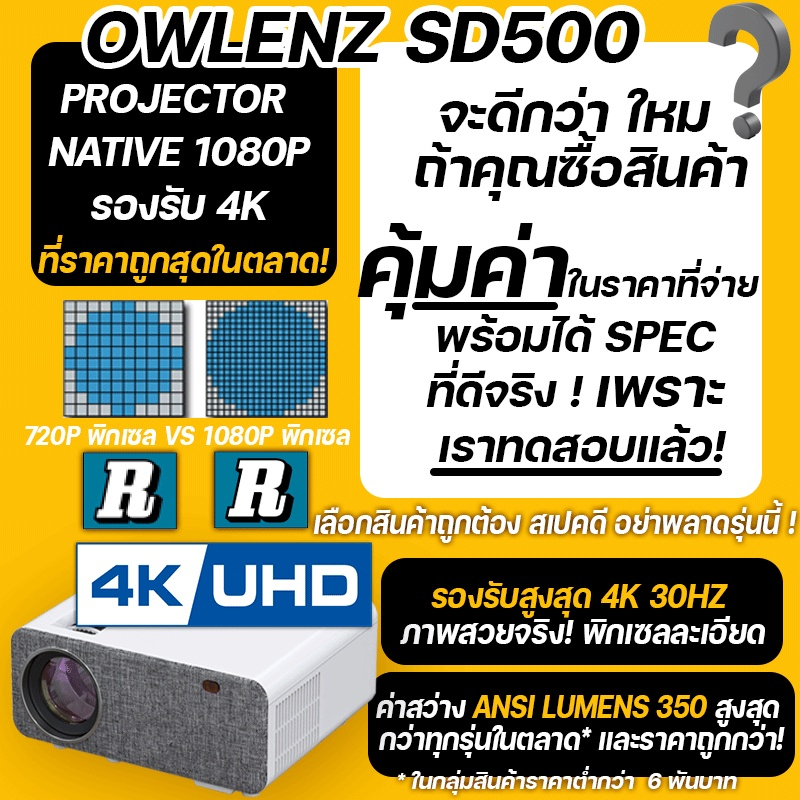 OWLENZ SD500 รุ่น Android โปรเจคเตอร์รองรับ 4K ภาพ Native 1080P สว่างสูง 9000 Lux lumens
