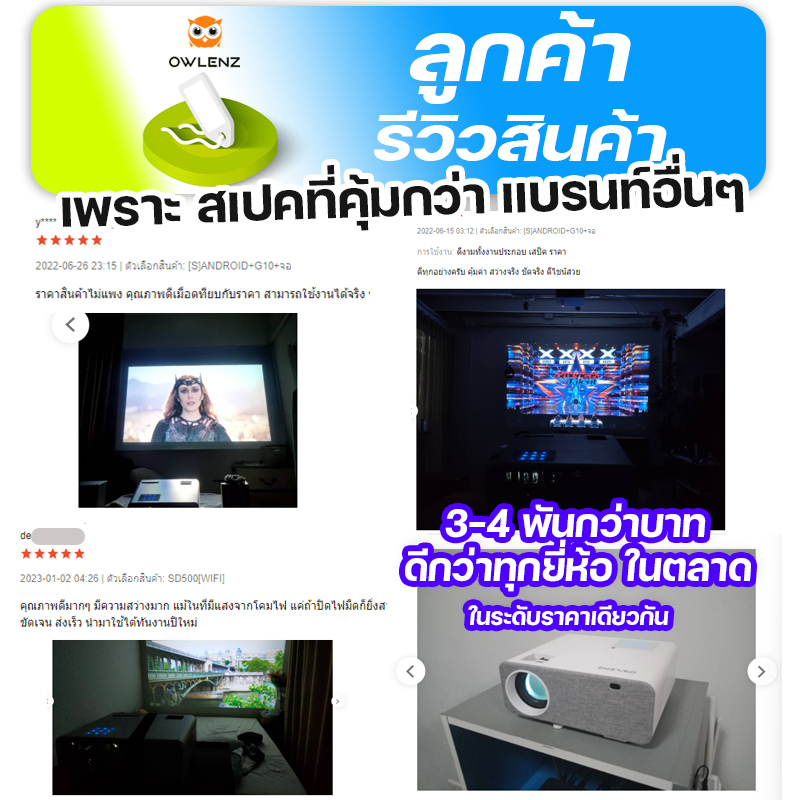 OWLENZ SD500 รุ่น Android โปรเจคเตอร์รองรับ 4K ภาพ Native 1080P สว่างสูง 9000 Lux lumens