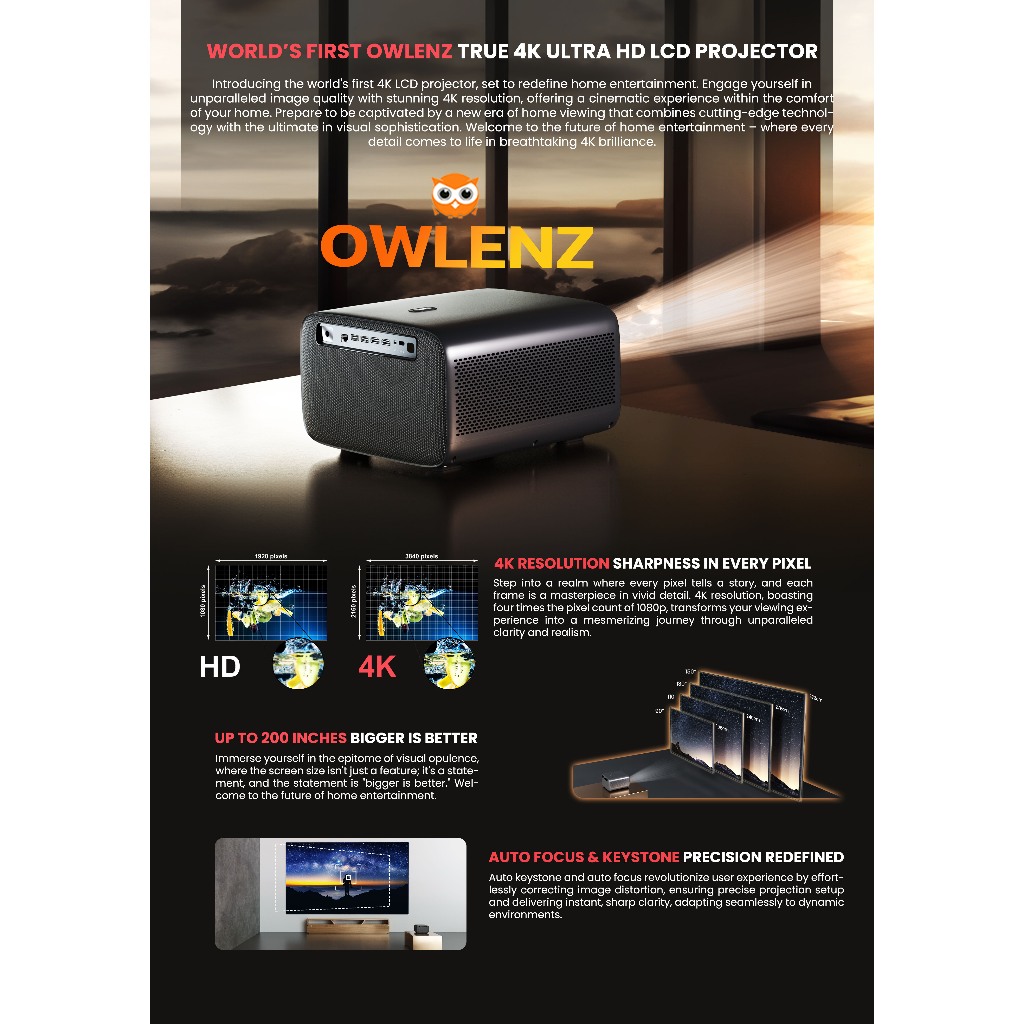 โปรเจคเตอร์ OWLENZ X Cloud-D Z1 ภาพ 4K แท้ Real-Native 4K แท้ สว่าง 1200 ANSI Ram 2GB/16GB