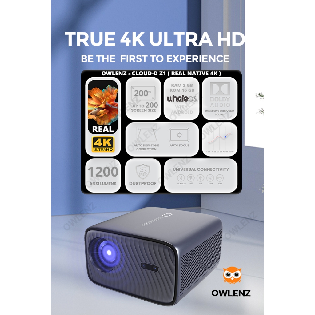 โปรเจคเตอร์ OWLENZ X Cloud-D Z1 ภาพ 4K แท้ Real-Native 4K แท้ สว่าง 1200 ANSI Ram 2GB/16GB