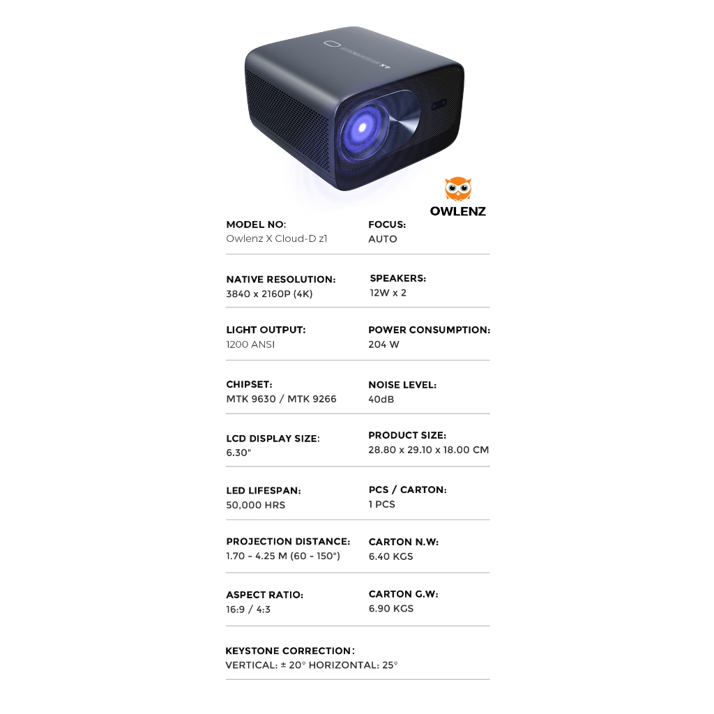 โปรเจคเตอร์ OWLENZ X Cloud-D Z1 ภาพ 4K แท้ Real-Native 4K แท้ สว่าง 1200 ANSI Ram 2GB/16GB