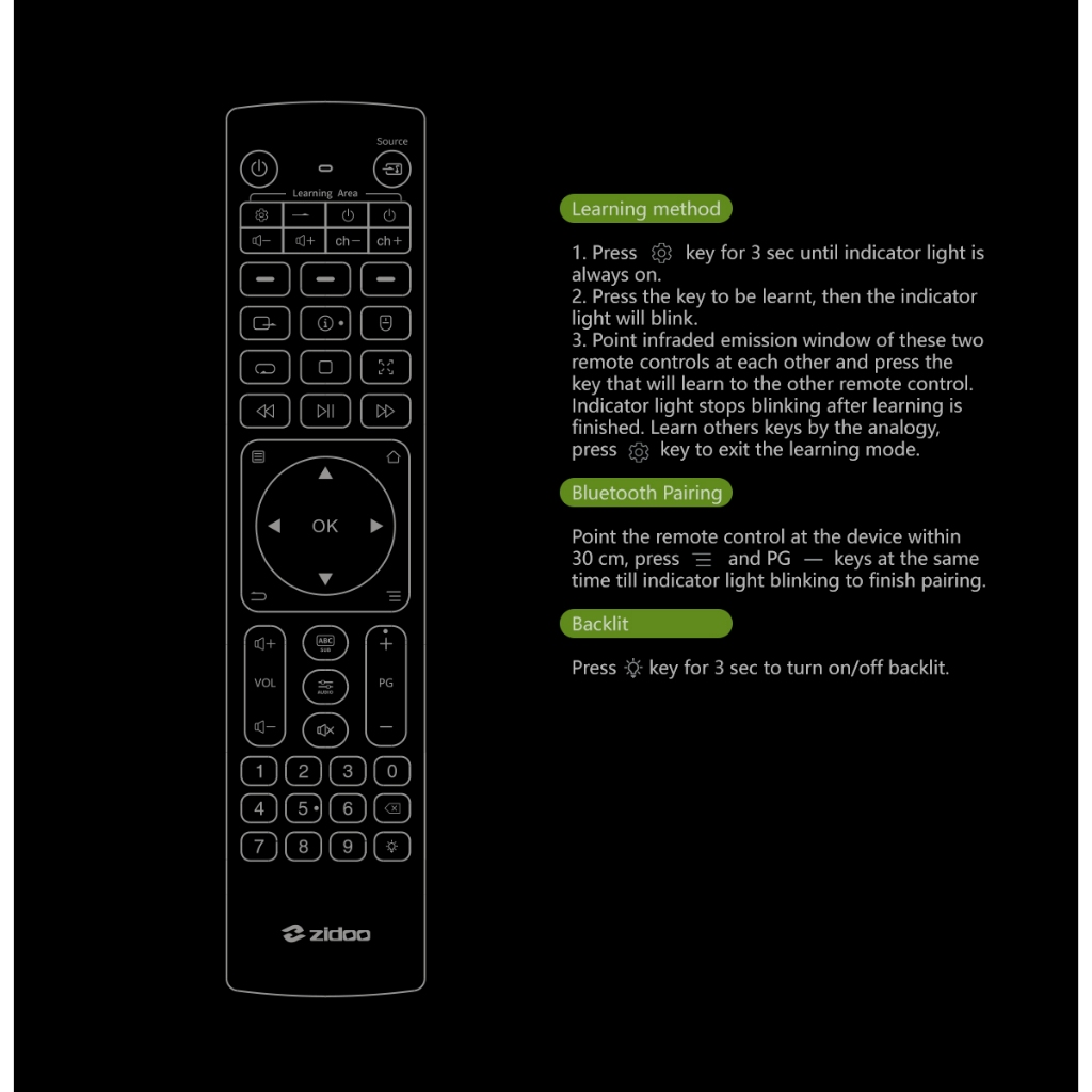 Remote control V12 for ZIDOO MEDIA PLAYER แบบ IR remote + Bluetooth
