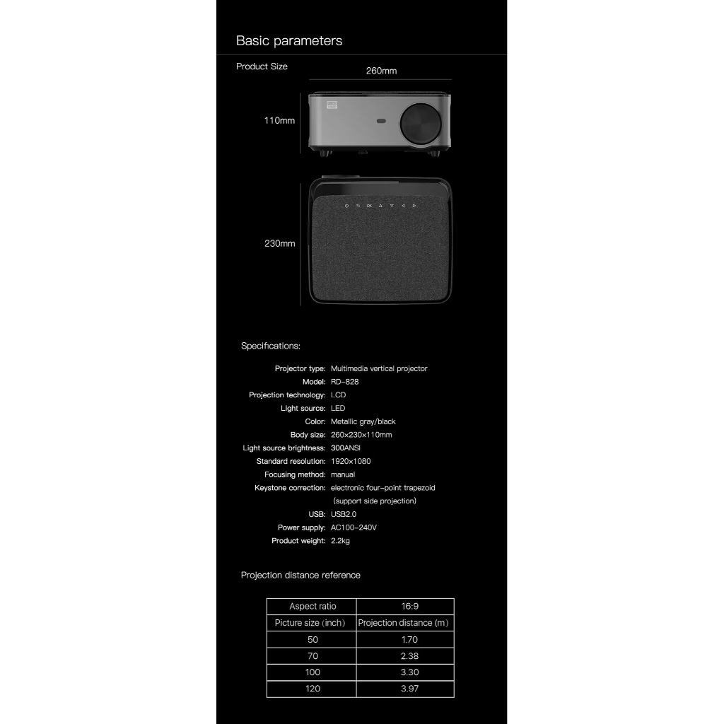RIGAL 828 โปรเจคเตอร์ Android 9.0 Native 1080P และแสงสว่างสูง 300 ANSI lumens