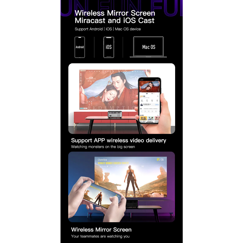 RIGAL 828 โปรเจคเตอร์ Android 9.0 Native 1080P และแสงสว่างสูง 300 ANSI lumens
