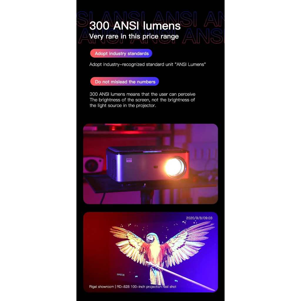RIGAL 828 โปรเจคเตอร์ Android 9.0 Native 1080P และแสงสว่างสูง 300 ANSI lumens