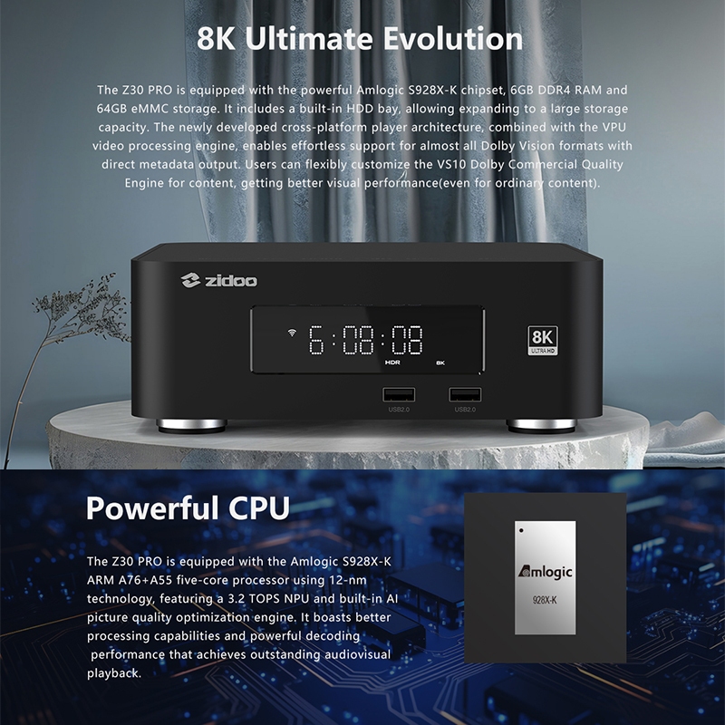 ใหม่! Zidoo Z30 Pro Media Player 8K Amlogic S928X-K RAM 6GB ROM 64GB Android 11 เครื่องเล่นไฟล์หนัง