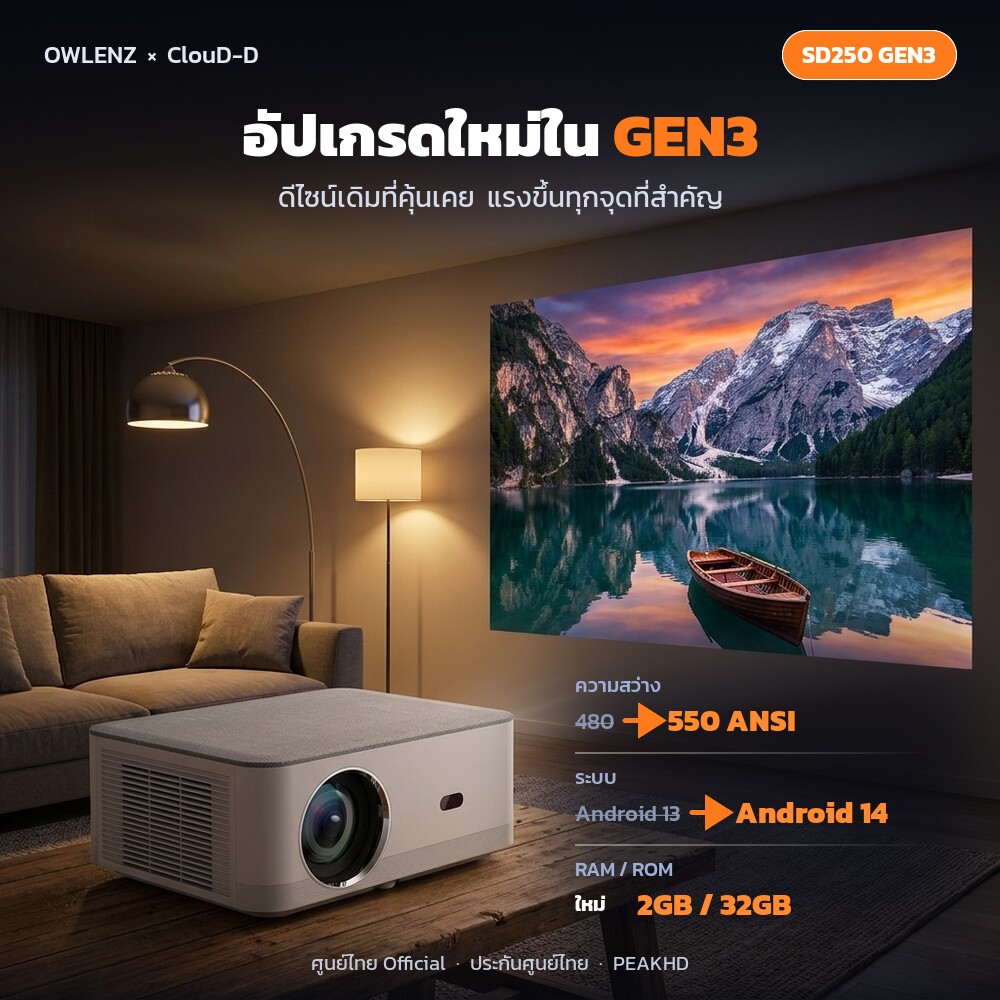 SD250 Gen3 อัปเกรดจาก Gen2 ความสว่าง 550 ANSI Android 14 RAM 2GB ROM 32GB
